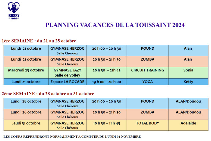 Planning  des vacances de la Toussaint